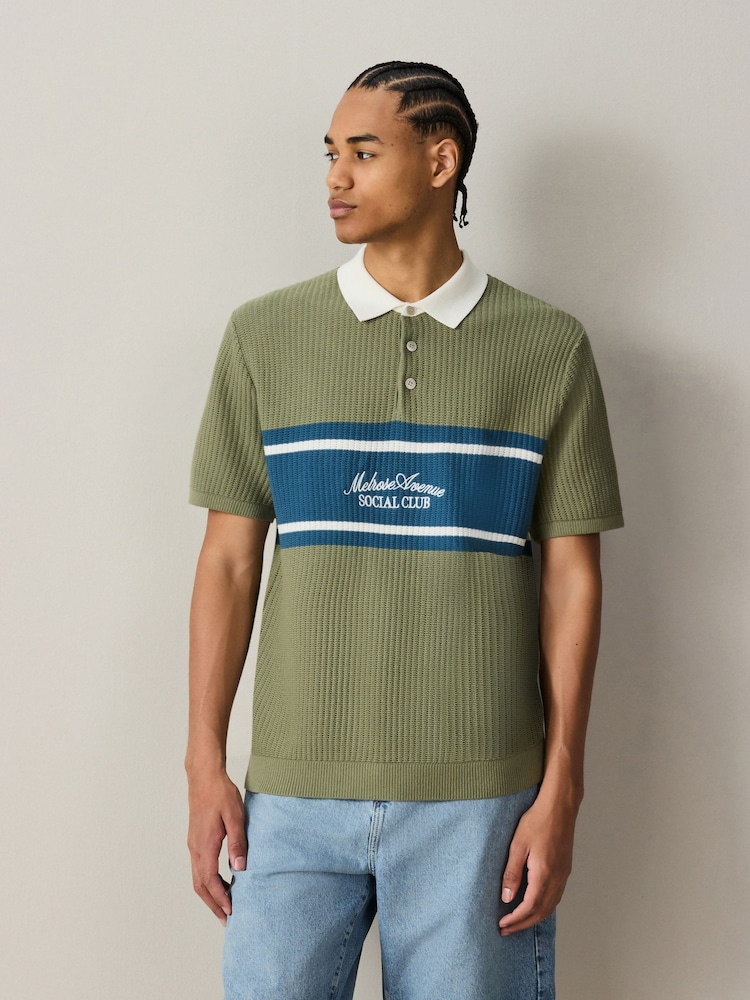Sage Green Short Sleeve Knitted Embroidered Rugby Shirt - Image 1 of 7 Sage Green Short Sleeve Knitted Embroidered Rugby Shirt - Image 1 of 7