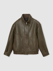 Reiss Khaki Green Kiara Oversize Grained-Leather Bomber Jacket - Image 2 of 8