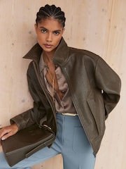 Reiss Khaki Green Kiara Oversize Grained-Leather Bomber Jacket - Image 3 of 8