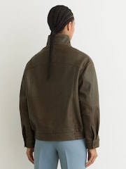 Reiss Khaki Green Kiara Oversize Grained-Leather Bomber Jacket - Image 6 of 8