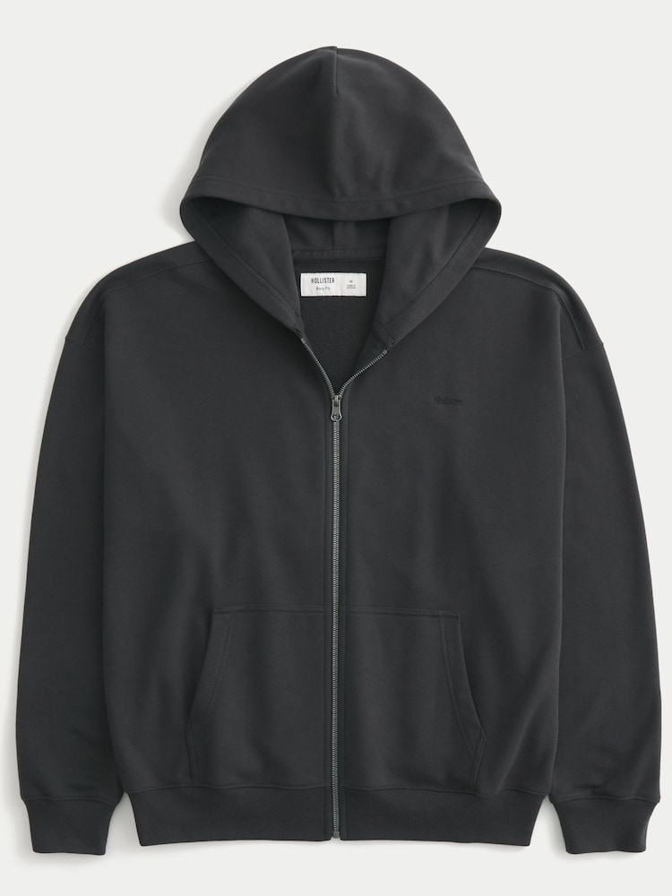 Hollister Black Terry Logo Zip-Up Hoodie - Image 1 of 1 Hollister Black Terry Logo Zip-Up Hoodie - Image 1 of 1