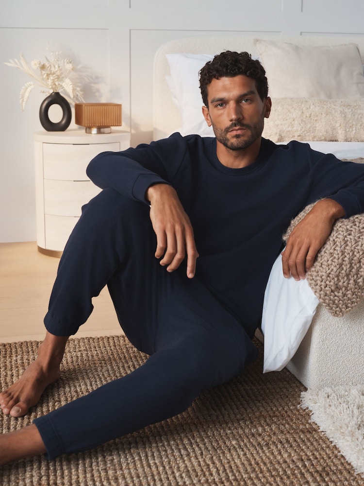 Navy Long Sleeve Waffle Pyjamas Set - Image 1 of 8 Navy Long Sleeve Waffle Pyjamas Set - Image 1 of 8