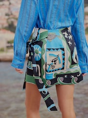 Blue/Green Print Satin Sarong Mini Skirt - Image 4 of 7