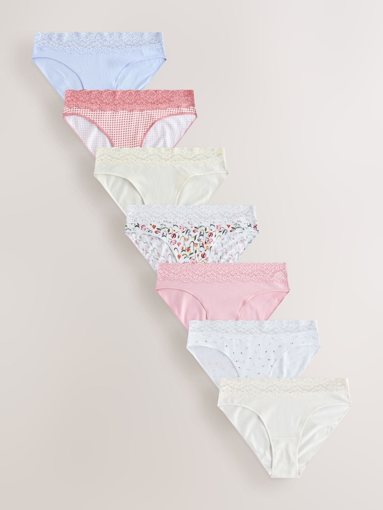 Pink/Cream High Leg Cotton and Lace Knickers 7 Pack - Image 1 of 10 Pink/Cream High Leg Cotton and Lace Knickers 7 Pack - Image 1 of 10