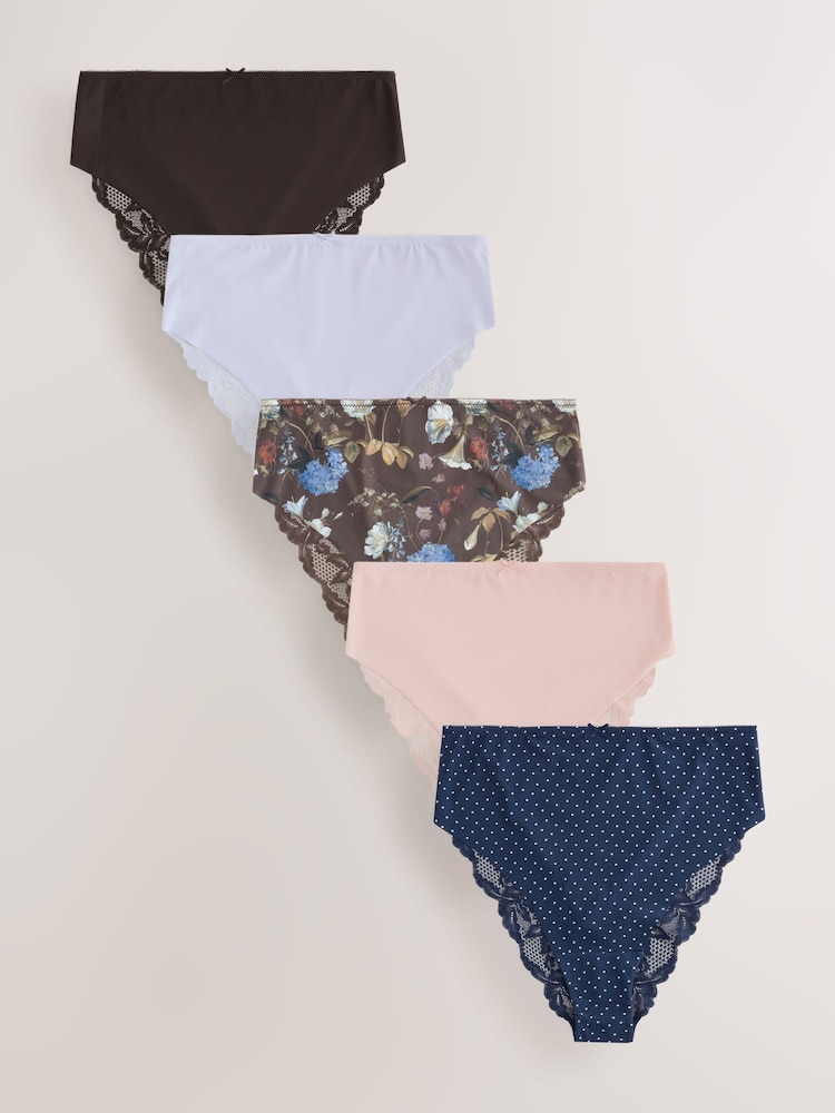 Floral/Spot High Waist High Leg Lace Back No VPL Invisible Knickers 5 Pack - Image 1 of 11 Floral/Spot High Waist High Leg Lace Back No VPL Invisible Knickers 5 Pack - Image 1 of 11