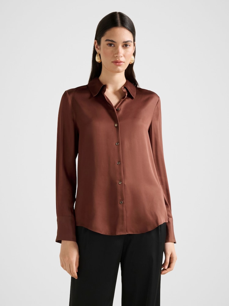 Forever New Brown Coco Satin Shirt - Image 1 of 5 Forever New Brown Coco Satin Shirt - Image 1 of 5