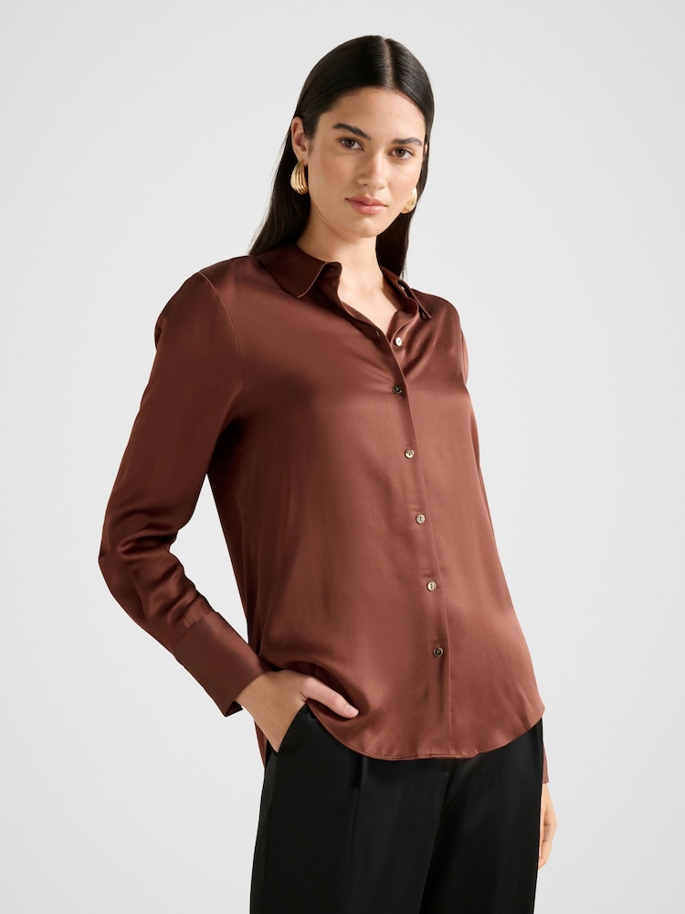 Forever New Brown Coco Satin Shirt - Image 2 of 5 Forever New Brown Coco Satin Shirt - Image 2 of 5