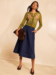 Love & Roses X RHS Green Petite Crew Neck 3/4 Sleeve Floral Embroidered Knitted Cardigan - Image 3 of 4