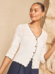 Love & Roses Ivory Petite Pointelle Scallop Detail 3/4 Sleeve Knitted Cardigan - Image 4 of 5