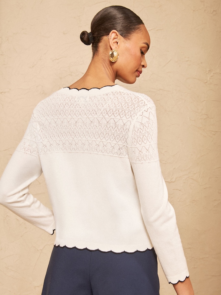 Love & Roses Ivory Petite Pointelle Scallop Detail 3/4 Sleeve Knitted Cardigan - Image 5 of 5