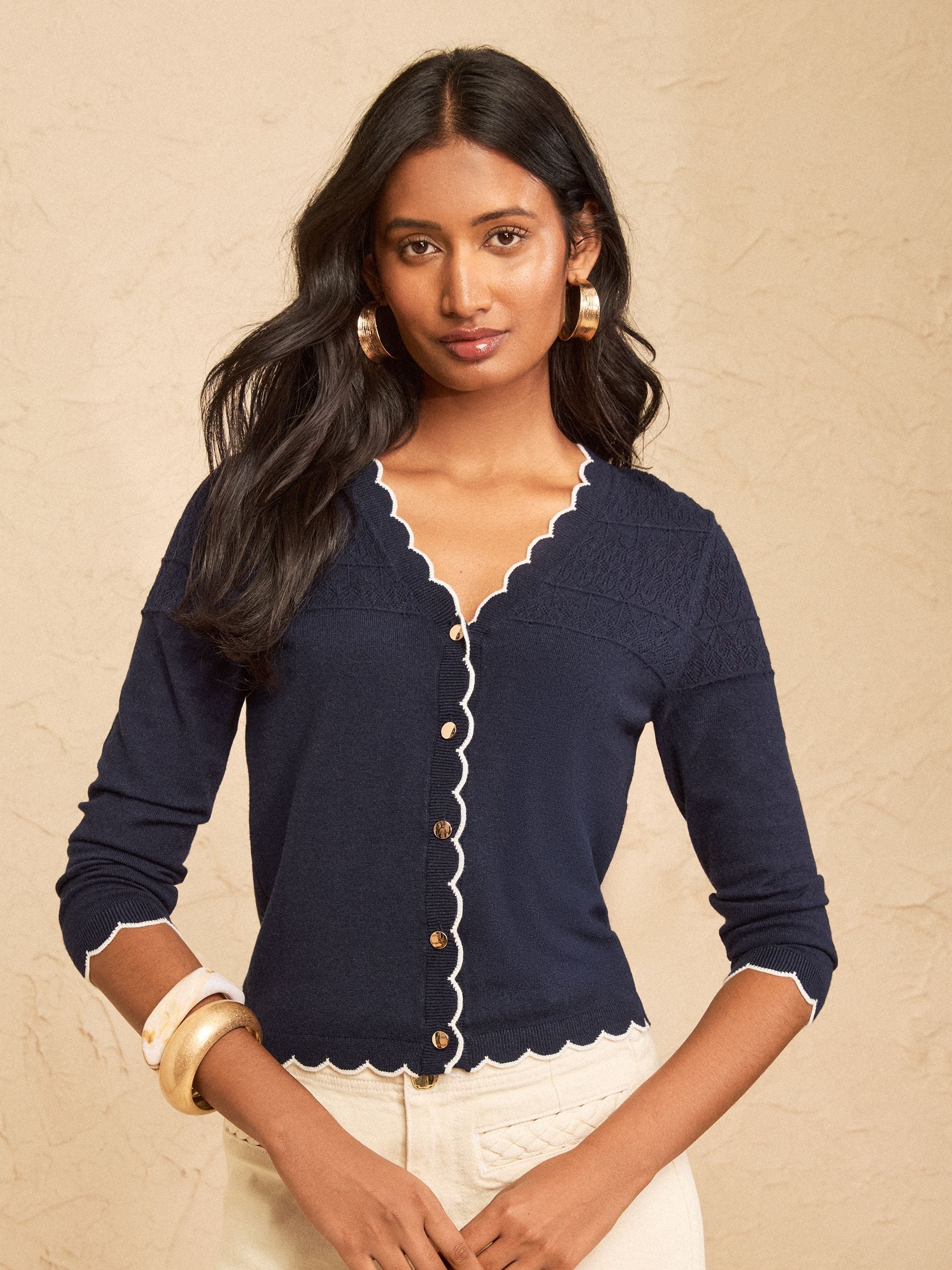 Buy Love & Roses Navy Pointelle Scallop Detail 3/4 Sleeve Knitted