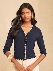 Love & Roses Navy Pointelle Scallop Detail 3/4 Sleeve Knitted Cardigan - Image 1 of 4