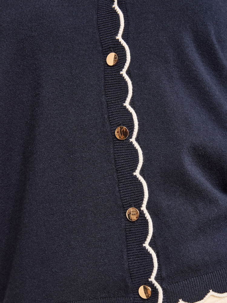 Love & Roses Navy Pointelle Scallop Detail 3/4 Sleeve Knitted Cardigan - Image 4 of 4 Love & Roses Navy Pointelle Scallop Detail 3/4 Sleeve Knitted Cardigan - Image 4 of 4