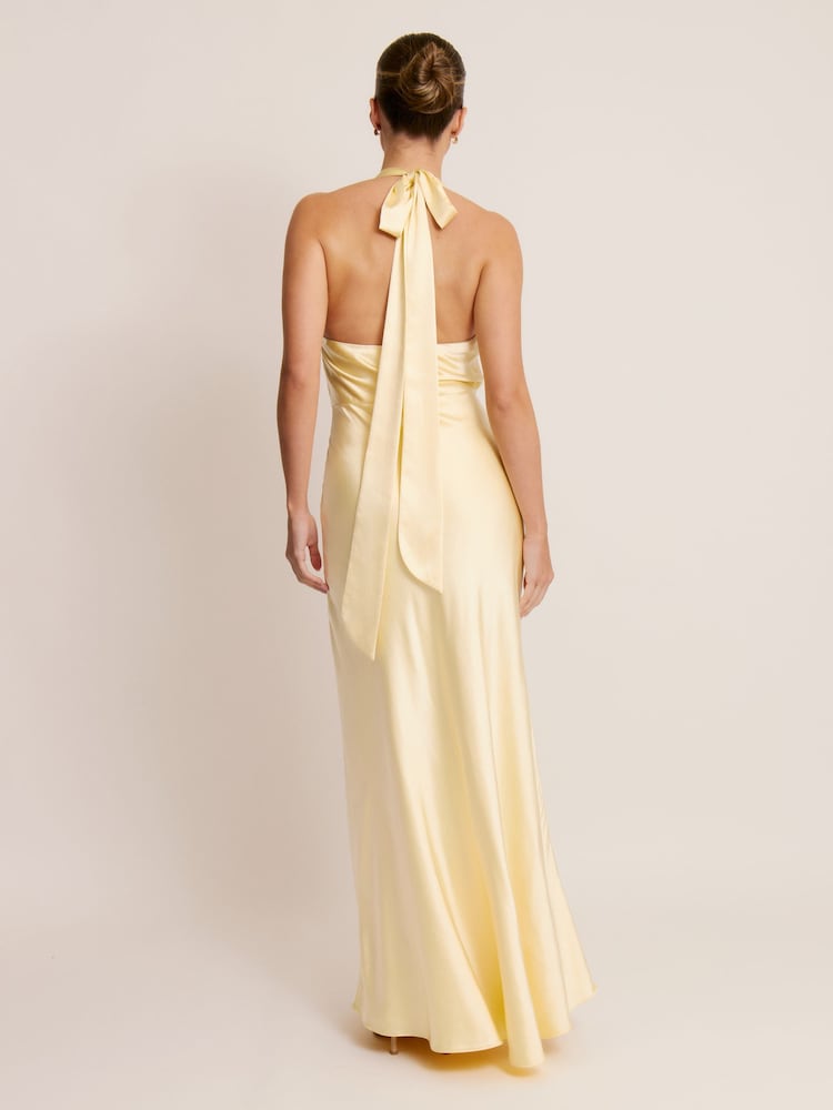 yellow halter neck bridesmaid dresses Jasmine Halter Maxi Dress, in Pale Yellow Luxe Satin, Size: 2XL | Show Me Your Mumu