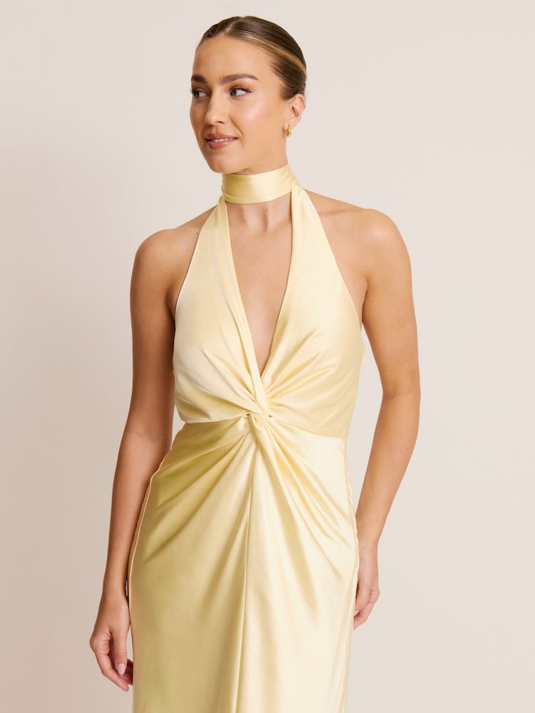 Six Stories Yellow Plunge knot Detail Satin Bridesmaid Dress - Image 6 of 6