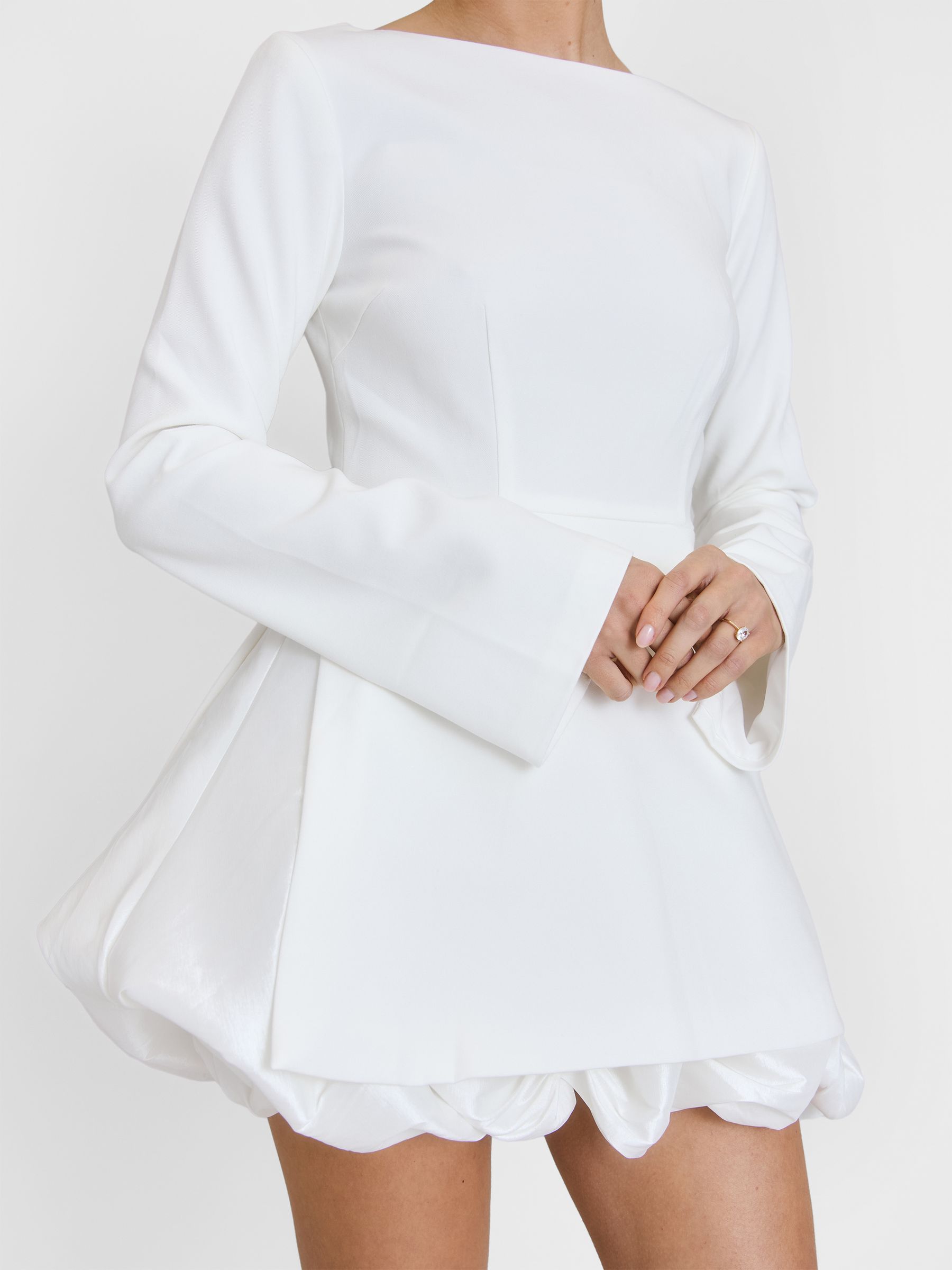 Buy Six Stories White Isla Split Sleeve Bubble Hem Mini Dress from