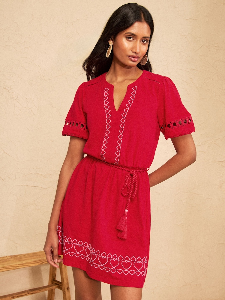 Love & Roses Red Embroidered Heart Notch Neck Mini Dress - Image 1 of 4 Love & Roses Red Embroidered Heart Notch Neck Mini Dress - Image 1 of 4