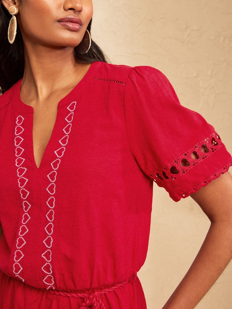 Love & Roses Red Embroidered Heart Notch Neck Mini Dress - Image 2 of 4 Love & Roses Red Embroidered Heart Notch Neck Mini Dress - Image 2 of 4