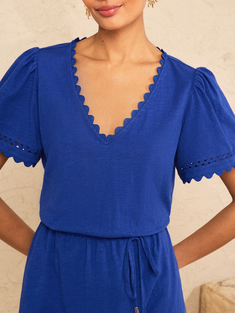 Love & Roses Cobalt Blue Petite V-Neck Scallop Jersey Mini Dress - Image 2 of 4