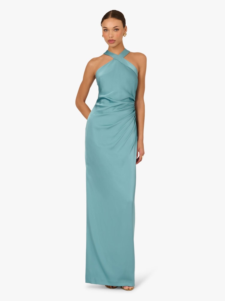 Adrianna Papell Blue Stretch Satin Long Dress - Image 1 of 6 Adrianna Papell Blue Stretch Satin Long Dress - Image 1 of 6
