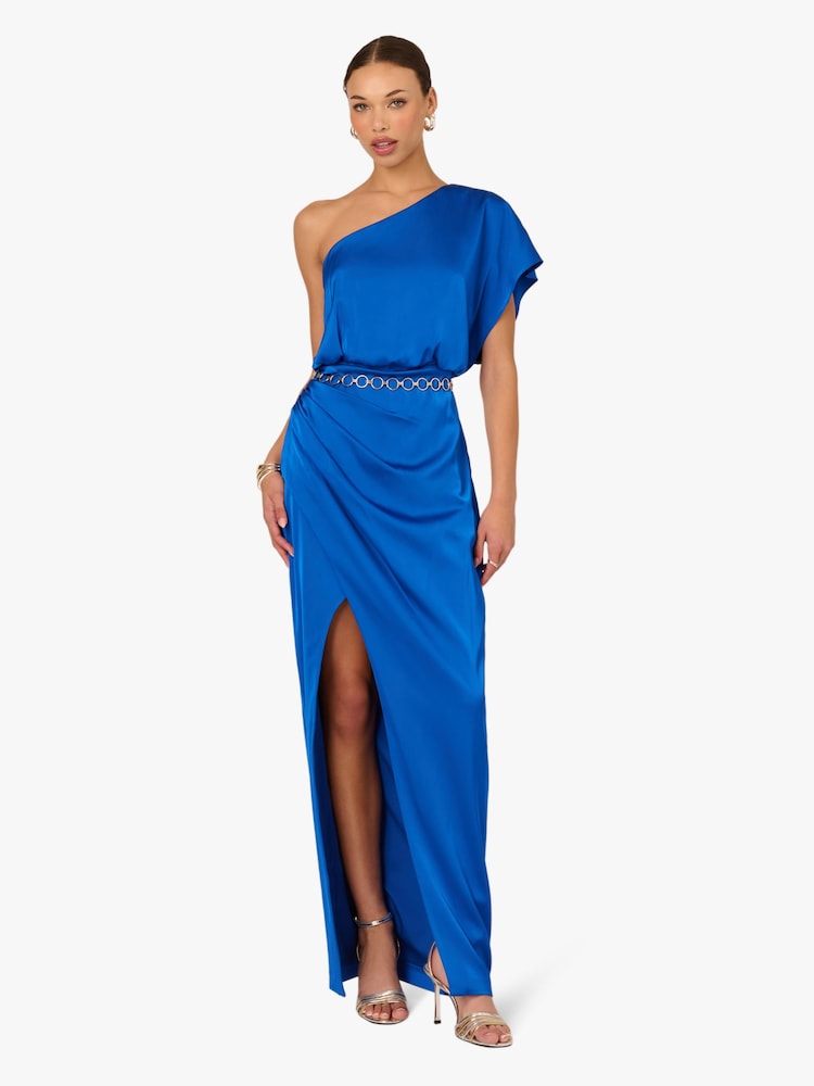 Adrianna Papell Blue Stretch Satin Long Dress - Image 1 of 6 Adrianna Papell Blue Stretch Satin Long Dress - Image 1 of 6