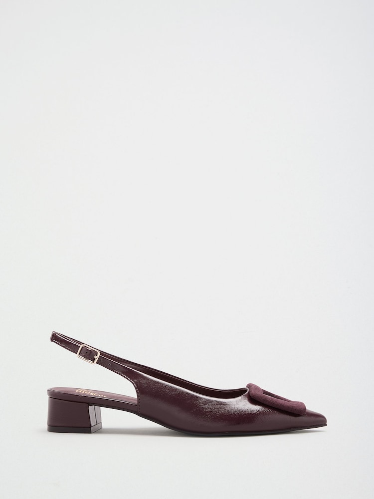 Friends Like These Burgundy Red Standard Fit Faux Leather Buckle Detail Low Block Heel Slingback Court Shoes - Image 2 of 5 Friends Like These Burgundy Red Standard Fit Faux Leather Buckle Detail Low Block Heel Slingback Court Shoes - Image 2 of 5