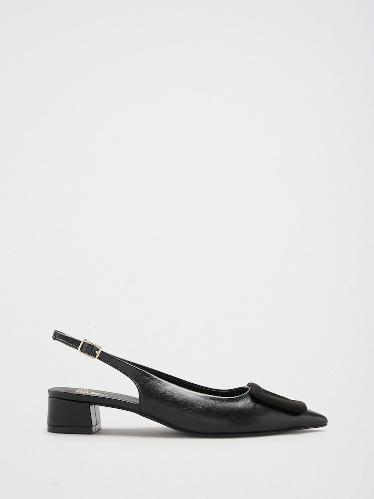 Friends Like These Black Standard Fit Faux Leather Buckle Detail Low Block Heel Slingback Court Shoes - Image 2 of 5 Friends Like These Black Standard Fit Faux Leather Buckle Detail Low Block Heel Slingback Court Shoes - Image 2 of 5