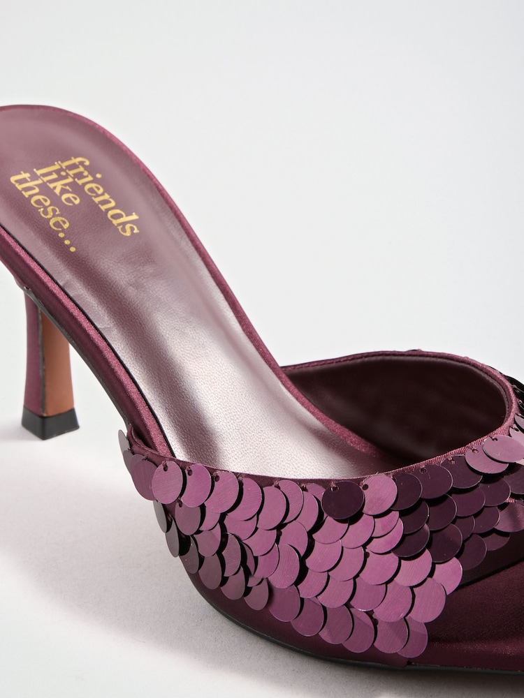 Friends Like These Burgundy Red Sequin Mid Stiletto Heeled Mule Sandals - Image 7 of 7 Friends Like These Burgundy Red Sequin Mid Stiletto Heeled Mule Sandals - Image 7 of 7