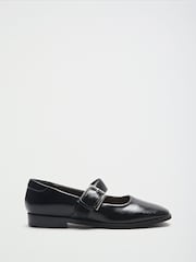 Friends Like These Black Faux Leather Square Toe Buckle Mary Jane Flat Shoes - Image 1 of 3