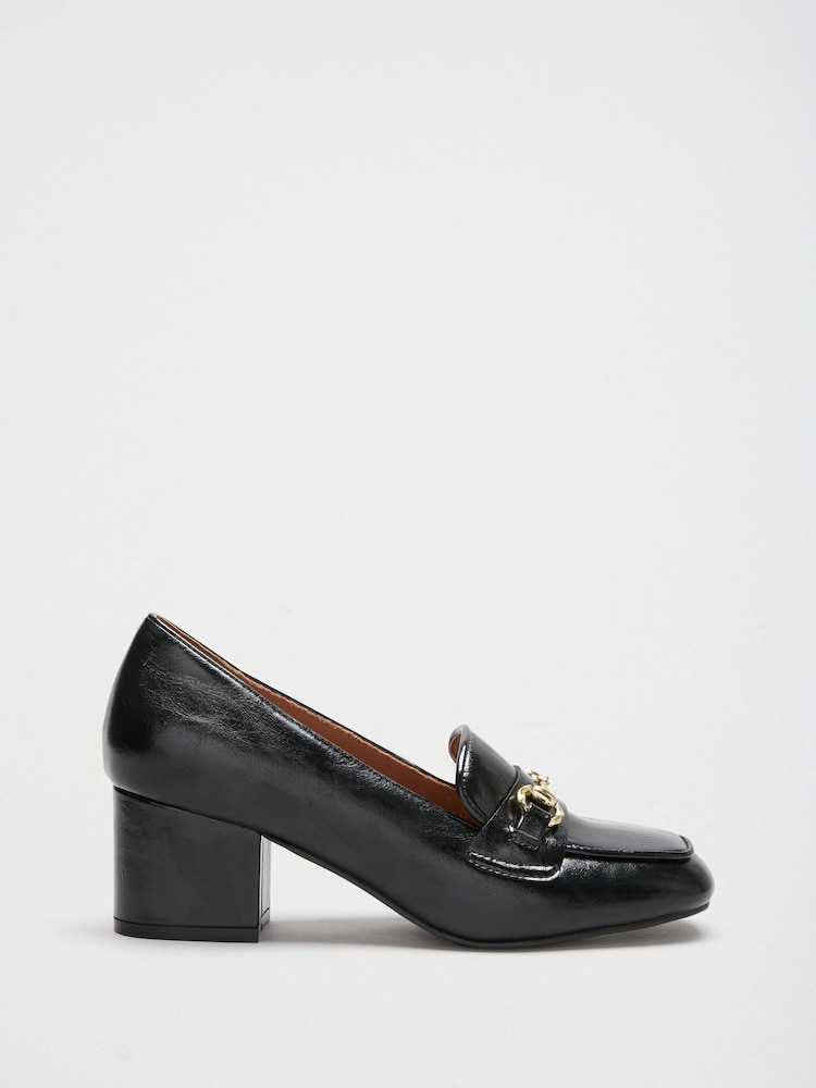 Friends Like These Black Faux Leather Snaffle Trim Mid Block Heeled Loafers - Image 2 of 5 Friends Like These Black Faux Leather Snaffle Trim Mid Block Heeled Loafers - Image 2 of 5