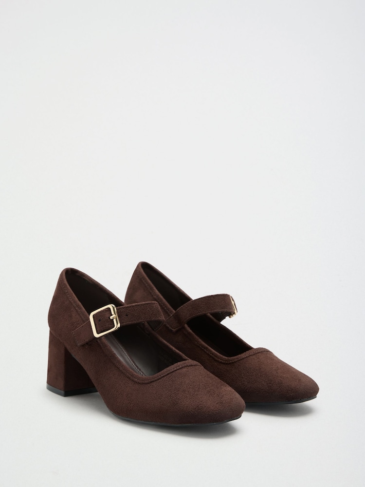 Friends Like These Chocolate Brown Faux Suede Standard Fit Round Toe Mid Block Heel Mary Jane Court Shoes - Image 1 of 5