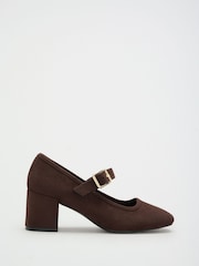Friends Like These Chocolate Brown Faux Suede Standard Fit Round Toe Mid Block Heel Mary Jane Court Shoes - Image 2 of 5