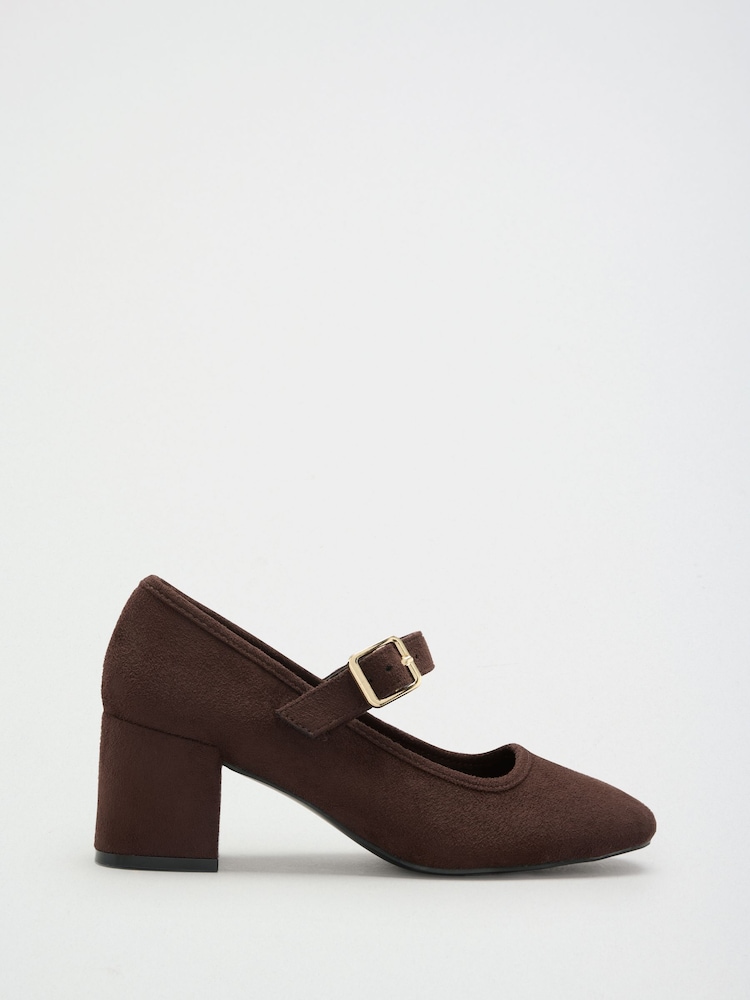 Friends Like These Chocolate Brown Faux Suede Standard Fit Round Toe Mid Block Heel Mary Jane Court Shoes - Image 2 of 5