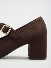 Friends Like These Chocolate Brown Faux Suede Standard Fit Round Toe Mid Block Heel Mary Jane Court Shoes - Image 3 of 5