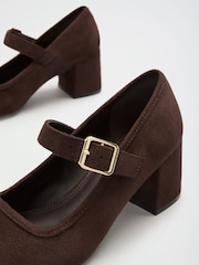 Friends Like These Chocolate Brown Faux Suede Standard Fit Round Toe Mid Block Heel Mary Jane Court Shoes - Image 5 of 5