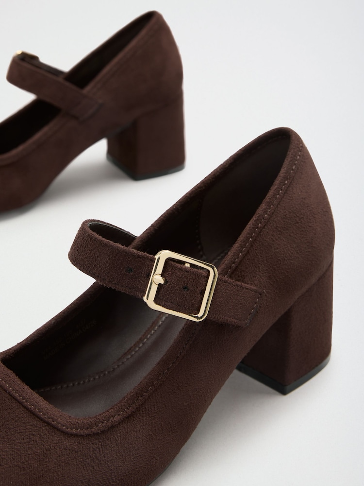 Friends Like These Chocolate Brown Faux Suede Standard Fit Round Toe Mid Block Heel Mary Jane Court Shoes - Image 5 of 5