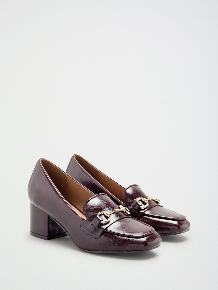Friends Like These Burgundy Red Faux Leather Snaffle Trim Mid Block Heeled Loafers - Image 1 of 5 Friends Like These Burgundy Red Faux Leather Snaffle Trim Mid Block Heeled Loafers - Image 1 of 5