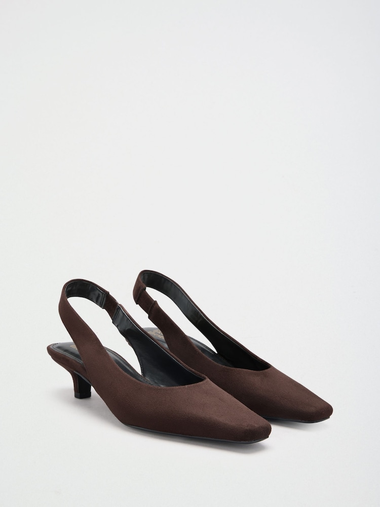 Friends Like These Chocolate Brown Faux Suede Wide Fit Chisel Toe Slingback Kitten Heels - Image 1 of 5