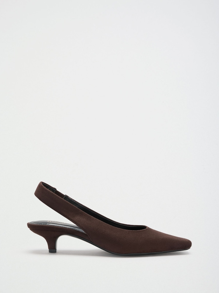 Friends Like These Chocolate Brown Faux Suede Wide Fit Chisel Toe Slingback Kitten Heels - Image 2 of 5
