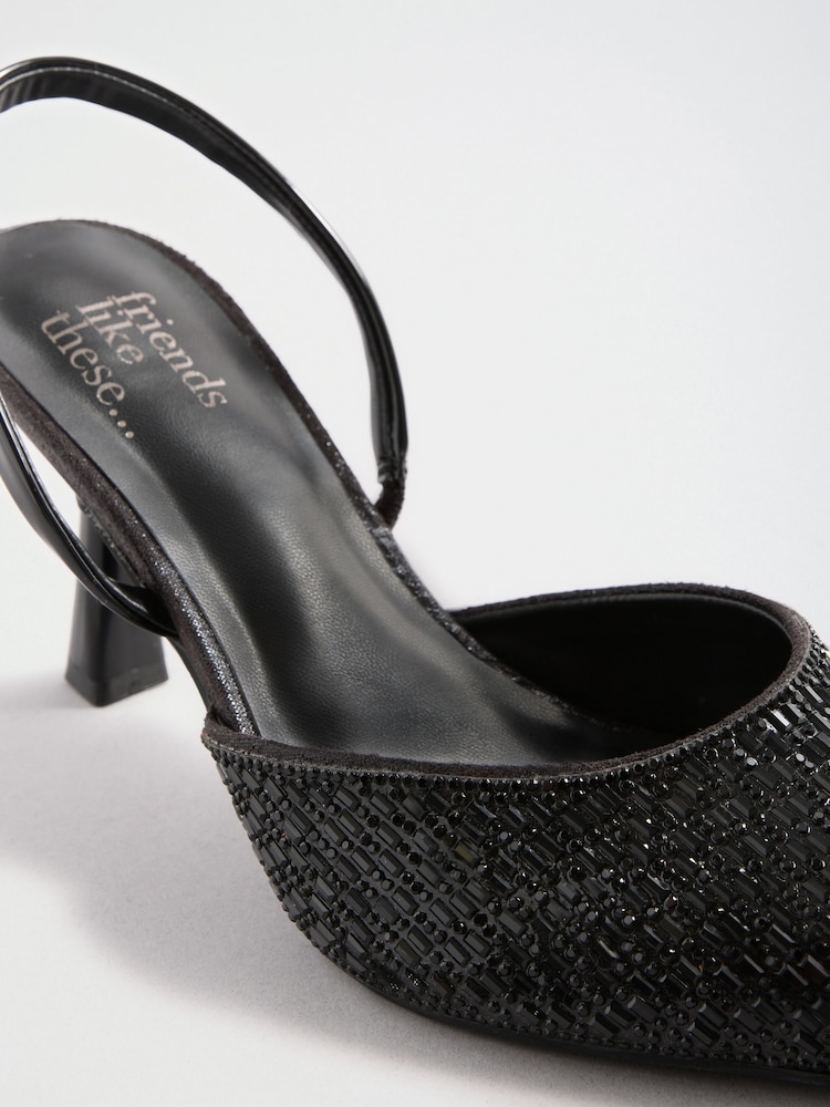 Friends Like These Black Embellished Slingback Kitten Heel Court Shoes - Image 8 of 8 Friends Like These Black Embellished Slingback Kitten Heel Court Shoes - Image 8 of 8