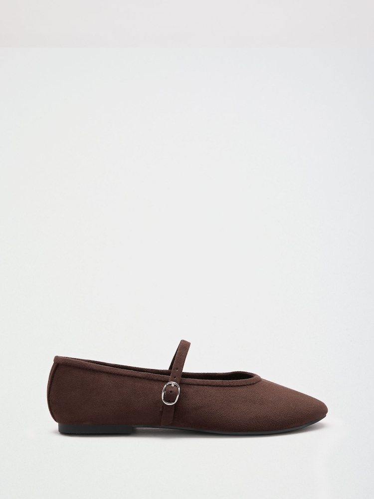 Friends Like These Chocolate Brown Faux Suede Round Toe Mary Jane Flat Ballerina Shoes - Image 2 of 5 Friends Like These Chocolate Brown Faux Suede Round Toe Mary Jane Flat Ballerina Shoes - Image 2 of 5