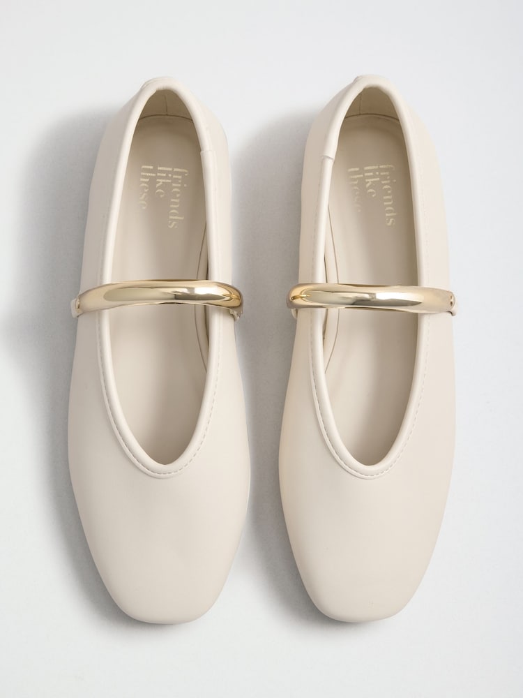 Friends Like These Ecru Faux Leather Square Toe Hardware Strap Flat Ballerina Shoes - Image 1 of 4