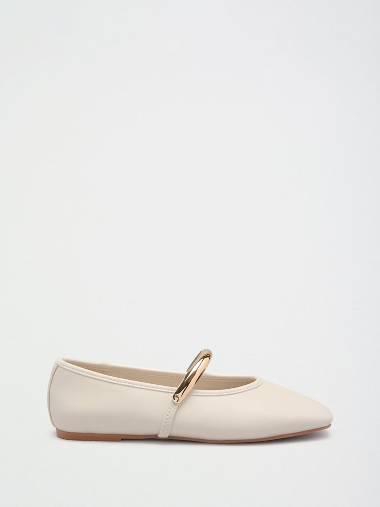 Friends Like These Ecru Faux Leather Square Toe Hardware Strap Flat Ballerina Shoes - Image 2 of 4