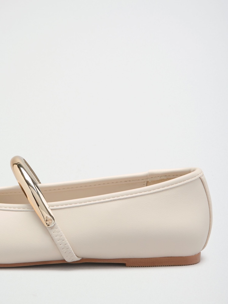 Friends Like These Ecru Faux Leather Square Toe Hardware Strap Flat Ballerina Shoes - Image 4 of 4