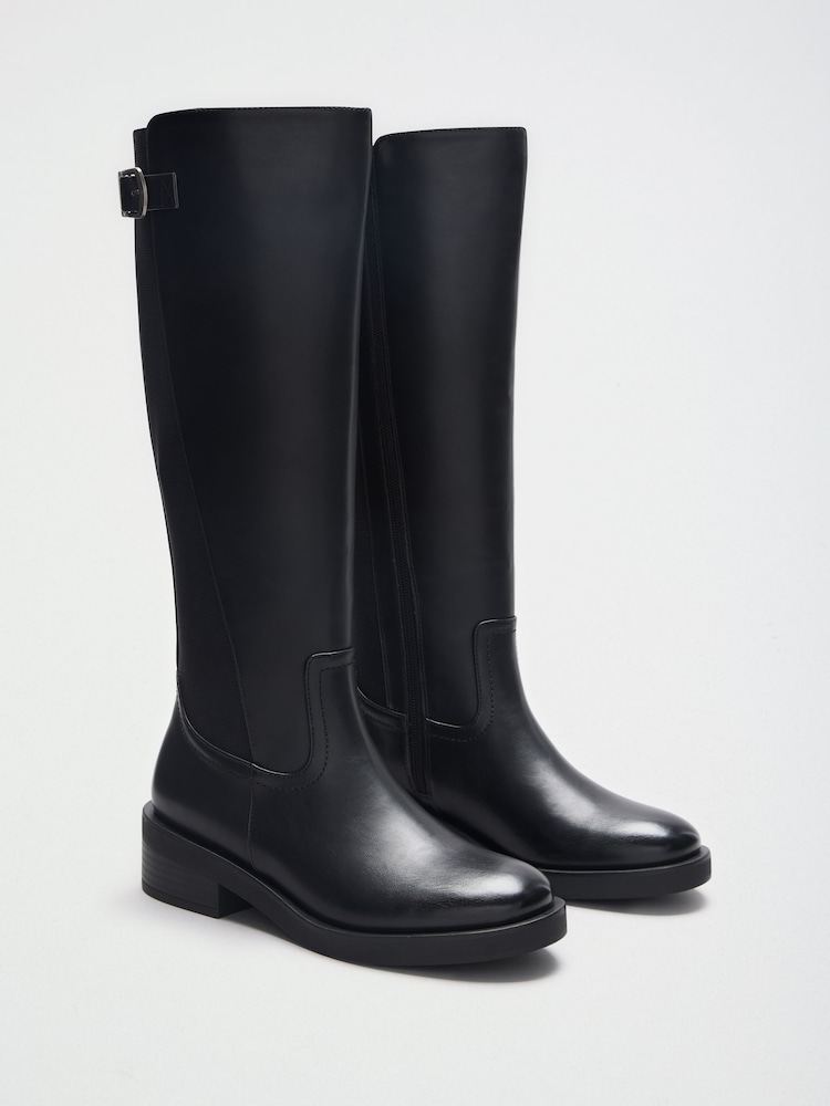 Friends Like These Black Faux Leather Buckle Detail Elastic Back Knee High Riding Boots - Image 1 of 5 Friends Like These Black Faux Leather Buckle Detail Elastic Back Knee High Riding Boots - Image 1 of 5