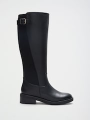 Friends Like These Black Faux Leather Buckle Detail Elastic Back Knee High Riding Boots - Image 2 of 5