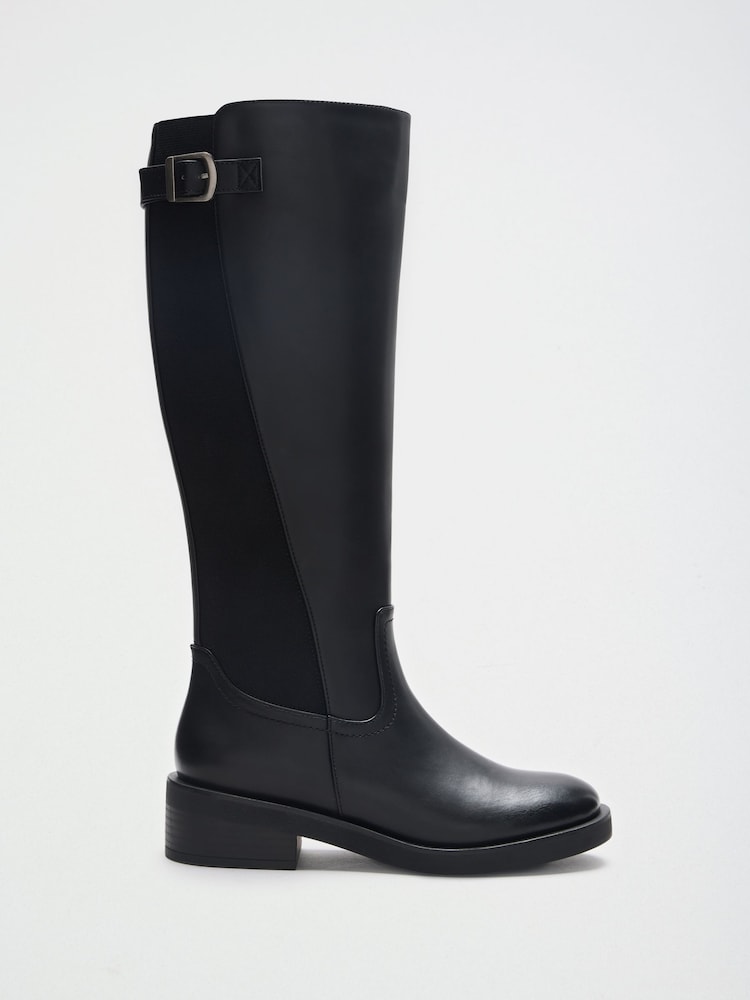 Friends Like These Black Faux Leather Buckle Detail Elastic Back Knee High Riding Boots - Image 2 of 5 Friends Like These Black Faux Leather Buckle Detail Elastic Back Knee High Riding Boots - Image 2 of 5