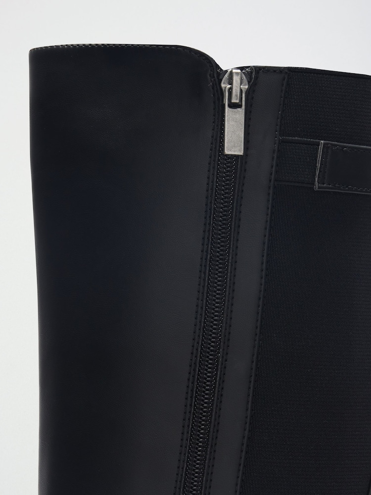 Friends Like These Black Faux Leather Buckle Detail Elastic Back Knee High Riding Boots - Image 5 of 5 Friends Like These Black Faux Leather Buckle Detail Elastic Back Knee High Riding Boots - Image 5 of 5