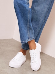Friends Like These White Faux Leather Wide Fit Flatform Lace Up Casual Low Top Trainers - Image 1 of 4