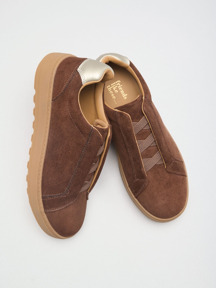 Friends Like These Chocolate Brown Faux Suede Wide Fit Elastic Lace Slip On Platform Casual Trainers - Image 1 of 4